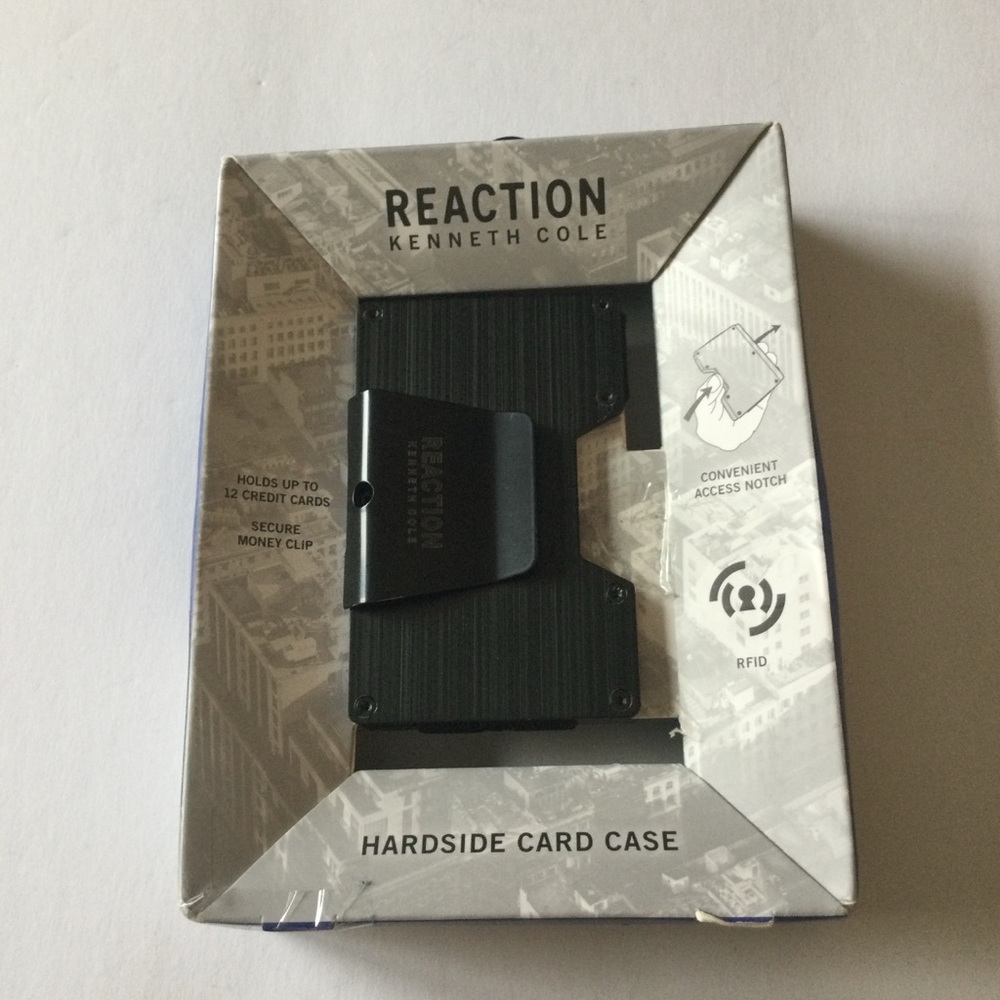 KENNETH COLE REACTION HARDSIDE METAL CARD CASE WALLET WITH MONEY CLIP BLACK NWT